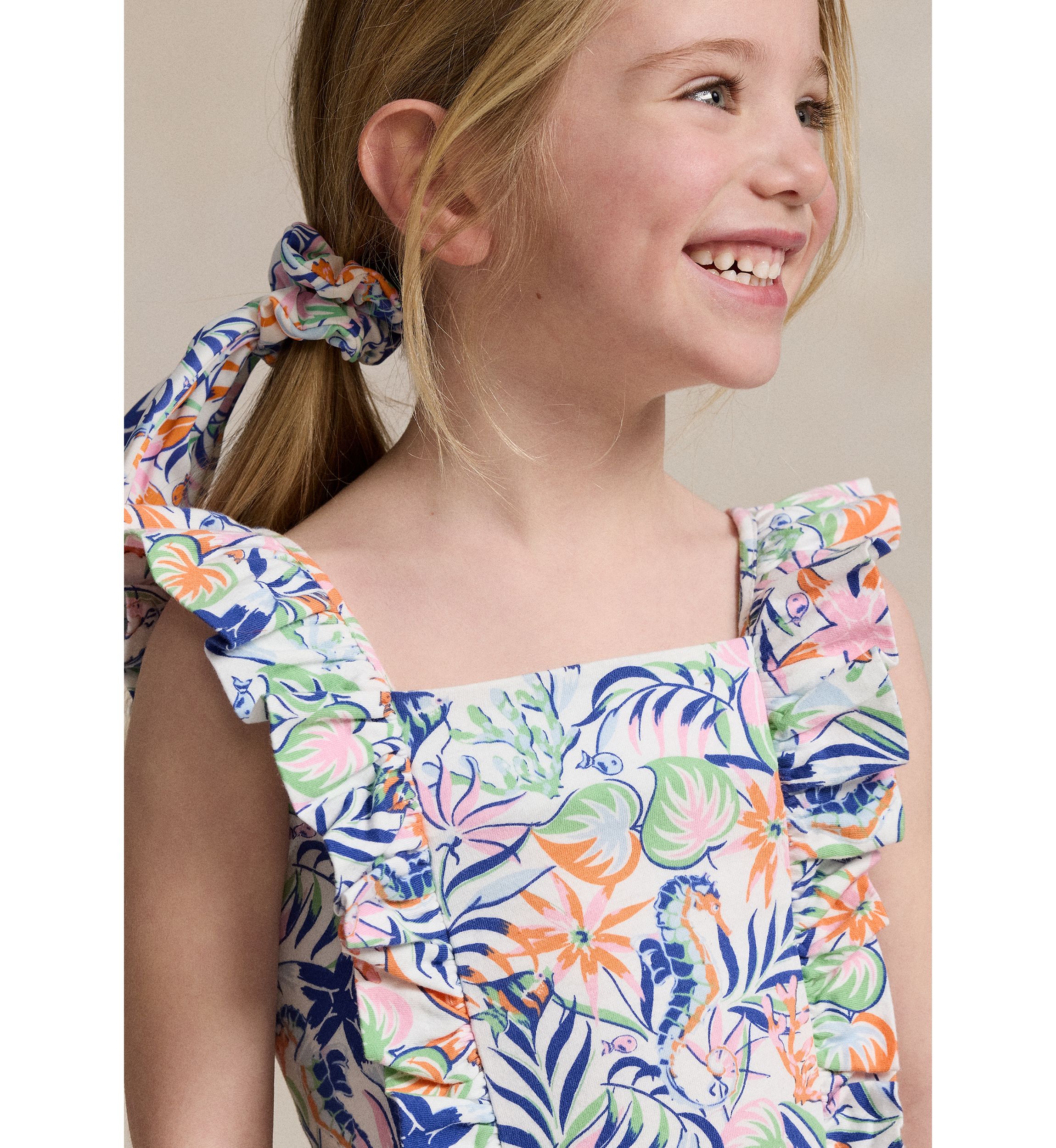Girls 2-6x Tropical Printed Ruffled Cotton Romper