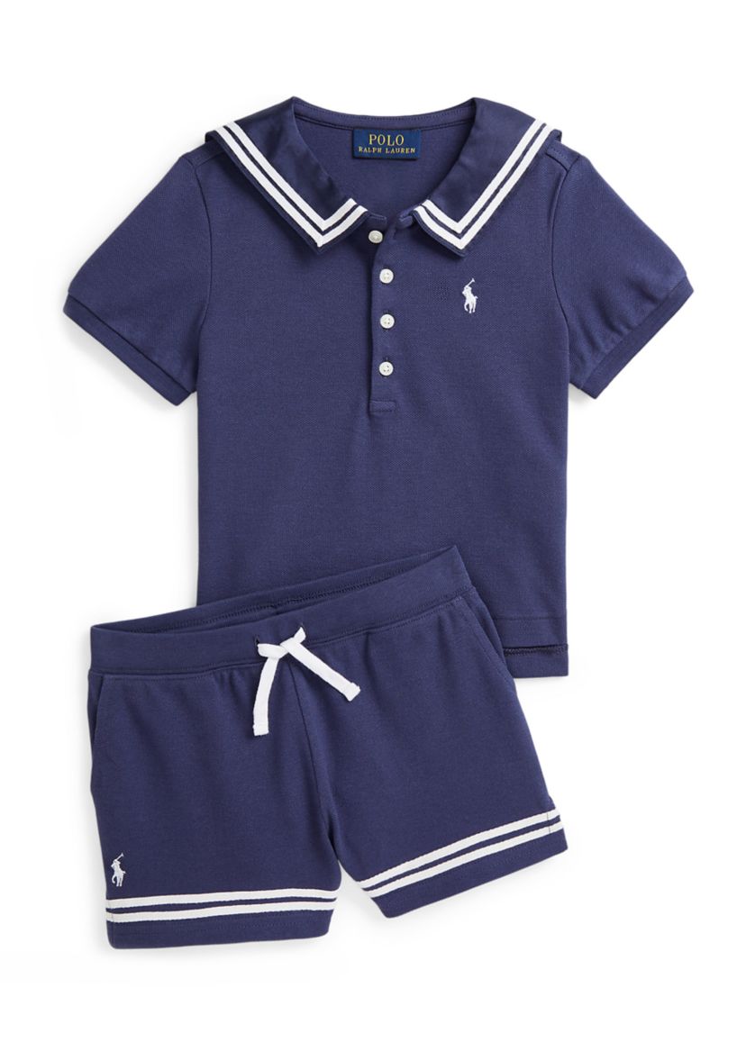 Girls 2-6x Boathouse Navy with White Mesh Polo Shirt 