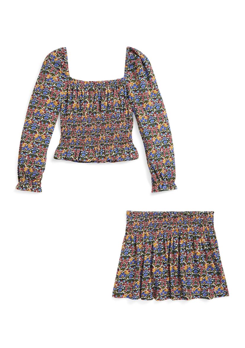 Girls 2-6x Floral Smocked Cotton Jersey Top & Skirt