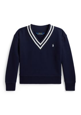 Ralph Lauren Childrenswear Girls 2-6x Striped Fleece V-Neck Sweatshirt, Navy Blue