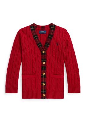 Ralph Lauren Childrenswear Girls 2-6x Plaid-Trim Cable-Knit Cotton Cardigan, Red