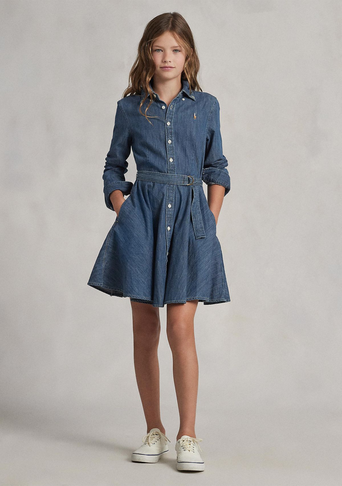 Girls 7-16 Belted Cotton Denim Shirtdress