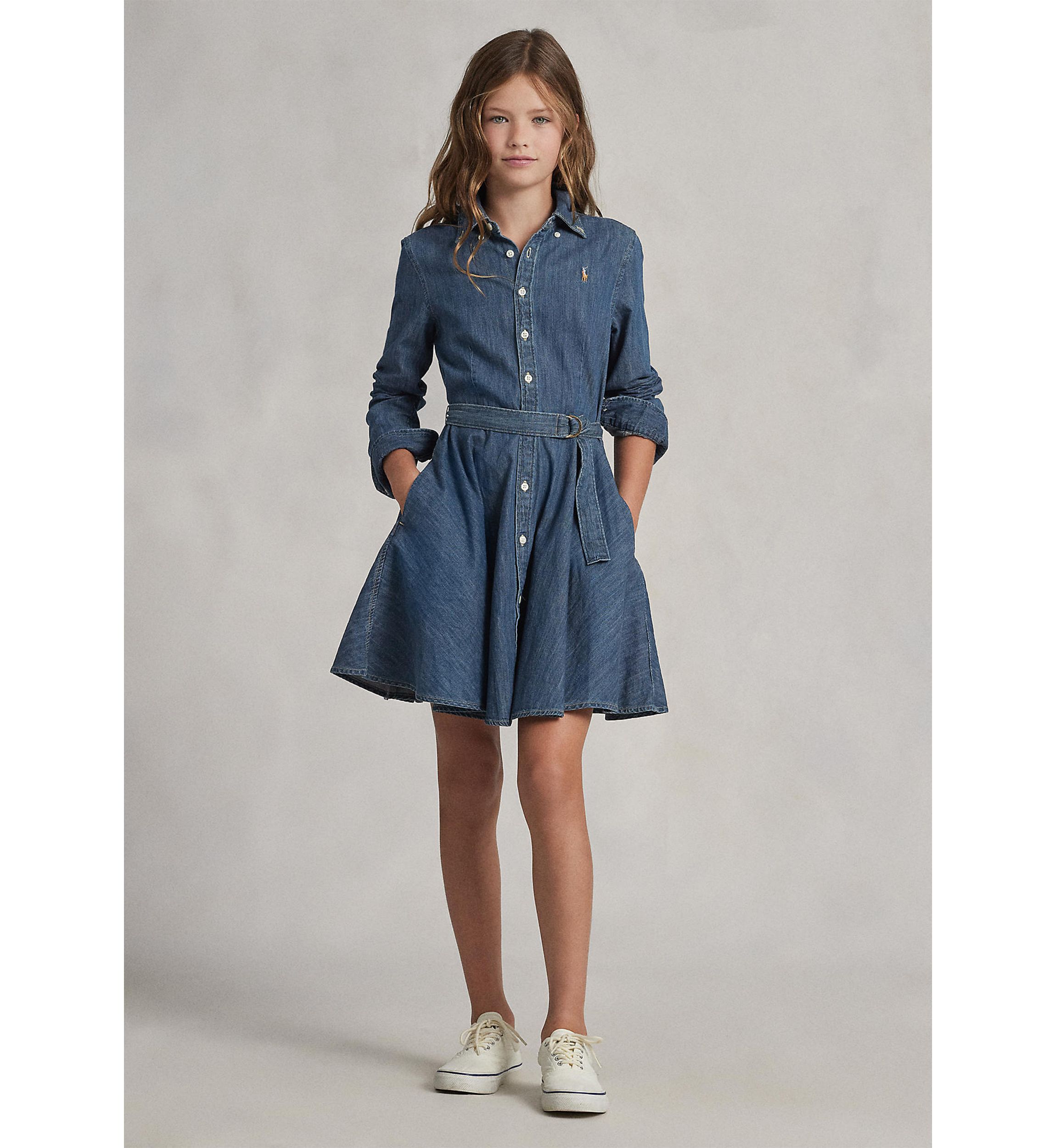 Girls 7-16 Belted Cotton Denim Shirtdress