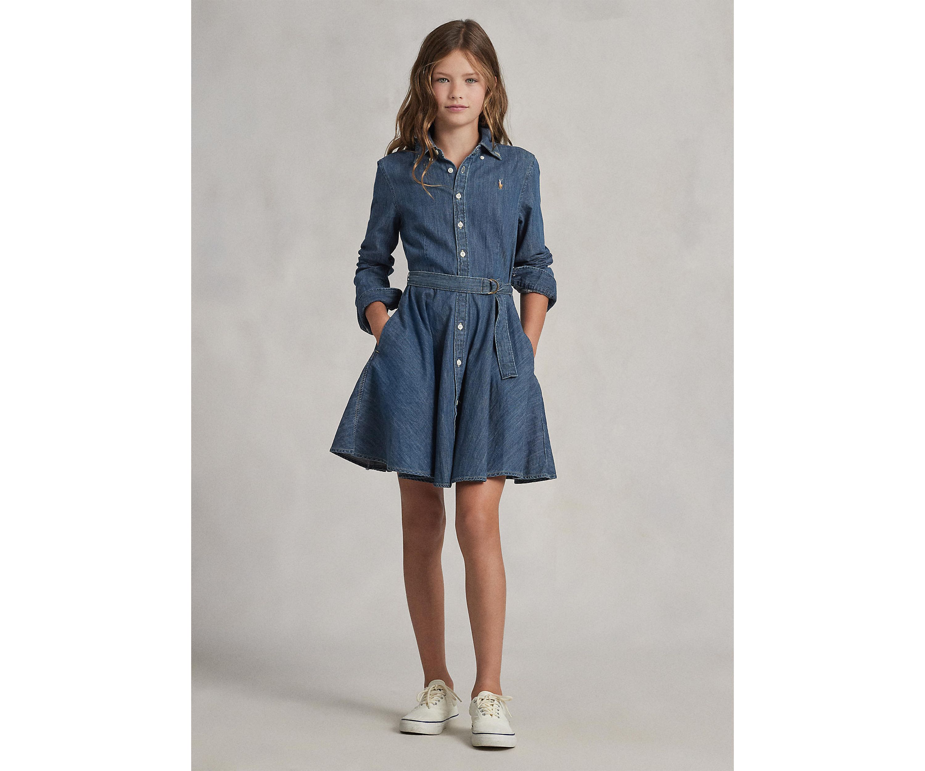 Girls 7-16 Belted Cotton Denim Shirtdress