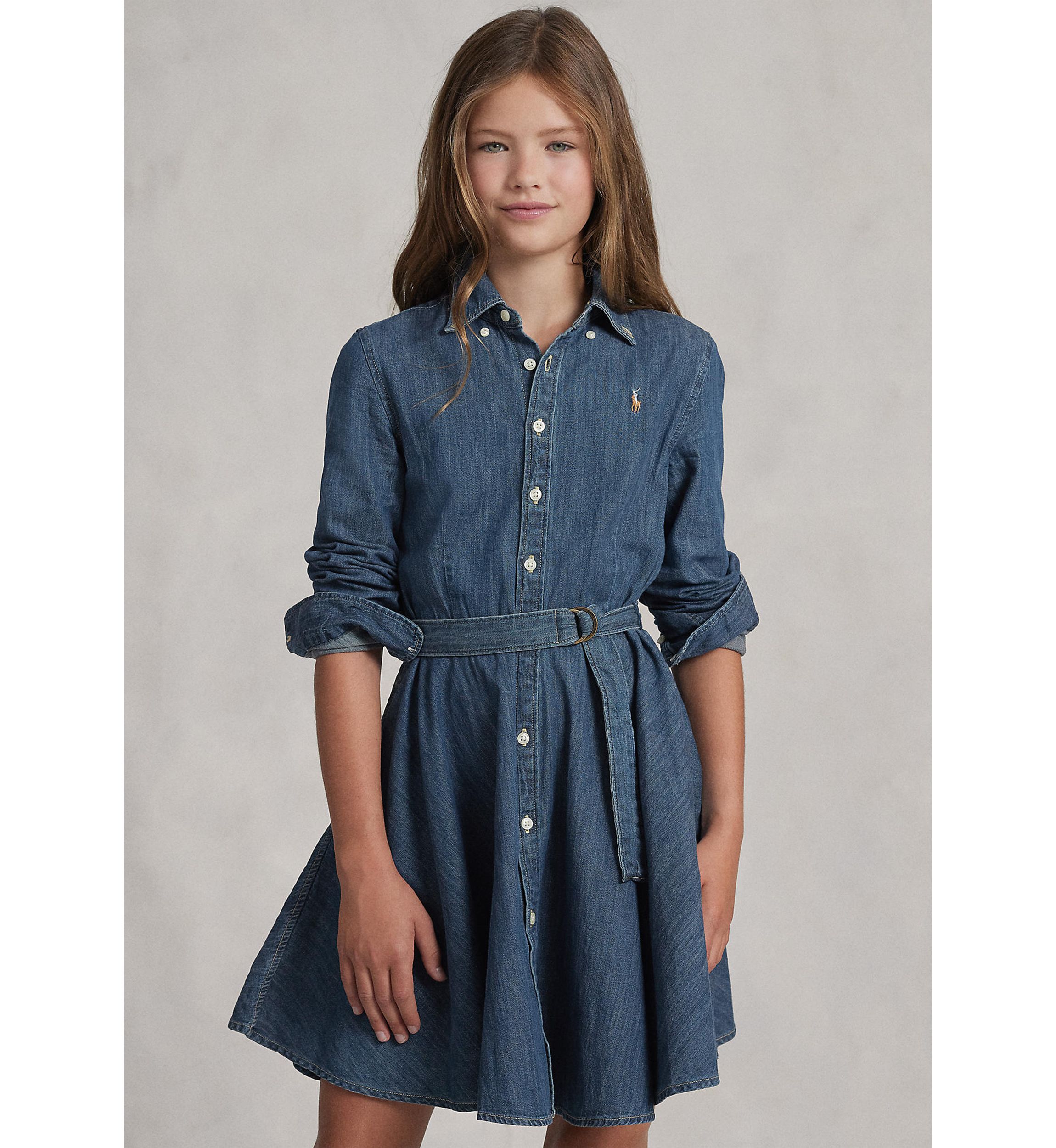 Girls 7-16 Belted Cotton Denim Shirtdress