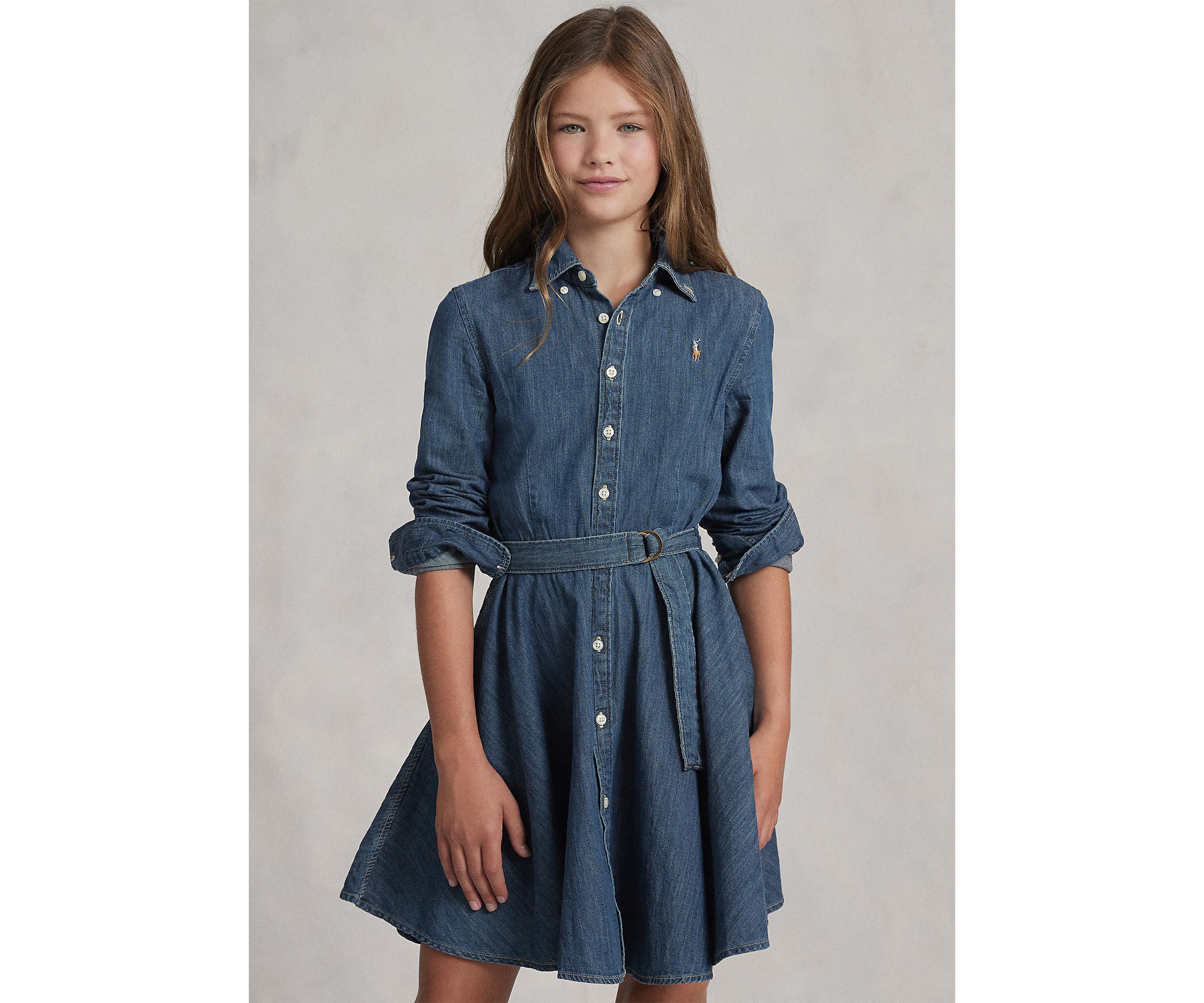 Girls 7-16 Belted Cotton Denim Shirtdress