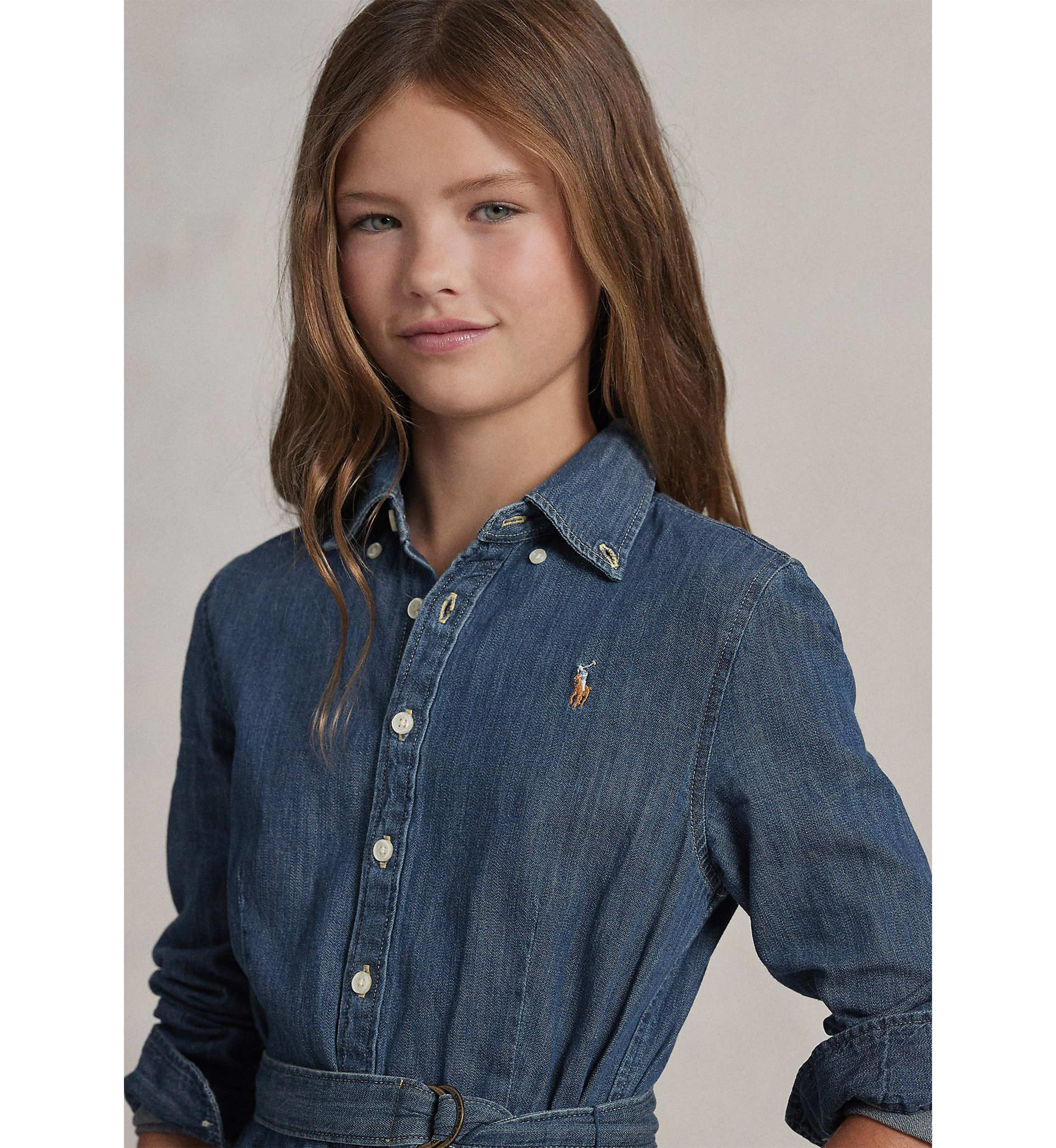 Girls 7-16 Belted Cotton Denim Shirtdress