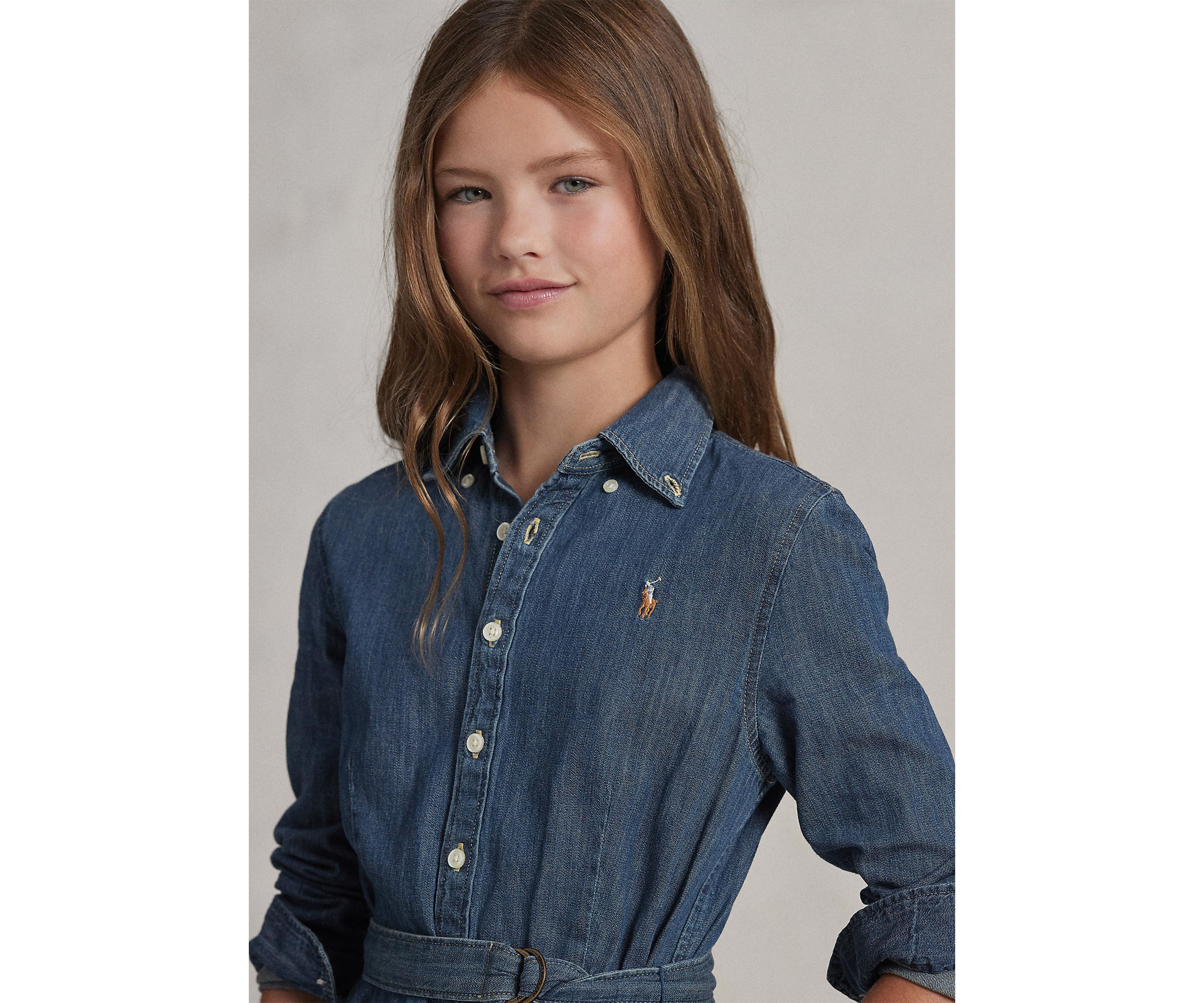Girls 7-16 Belted Cotton Denim Shirtdress