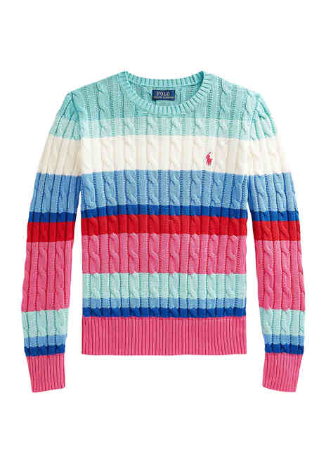 폴로 랄프로렌 키즈 걸즈 스트라이프 꽈배기 니트 스웨터 Polo Ralph Lauren Kids Girls 7-16 Striped Cable Knit Cotton Sweater,MULTI