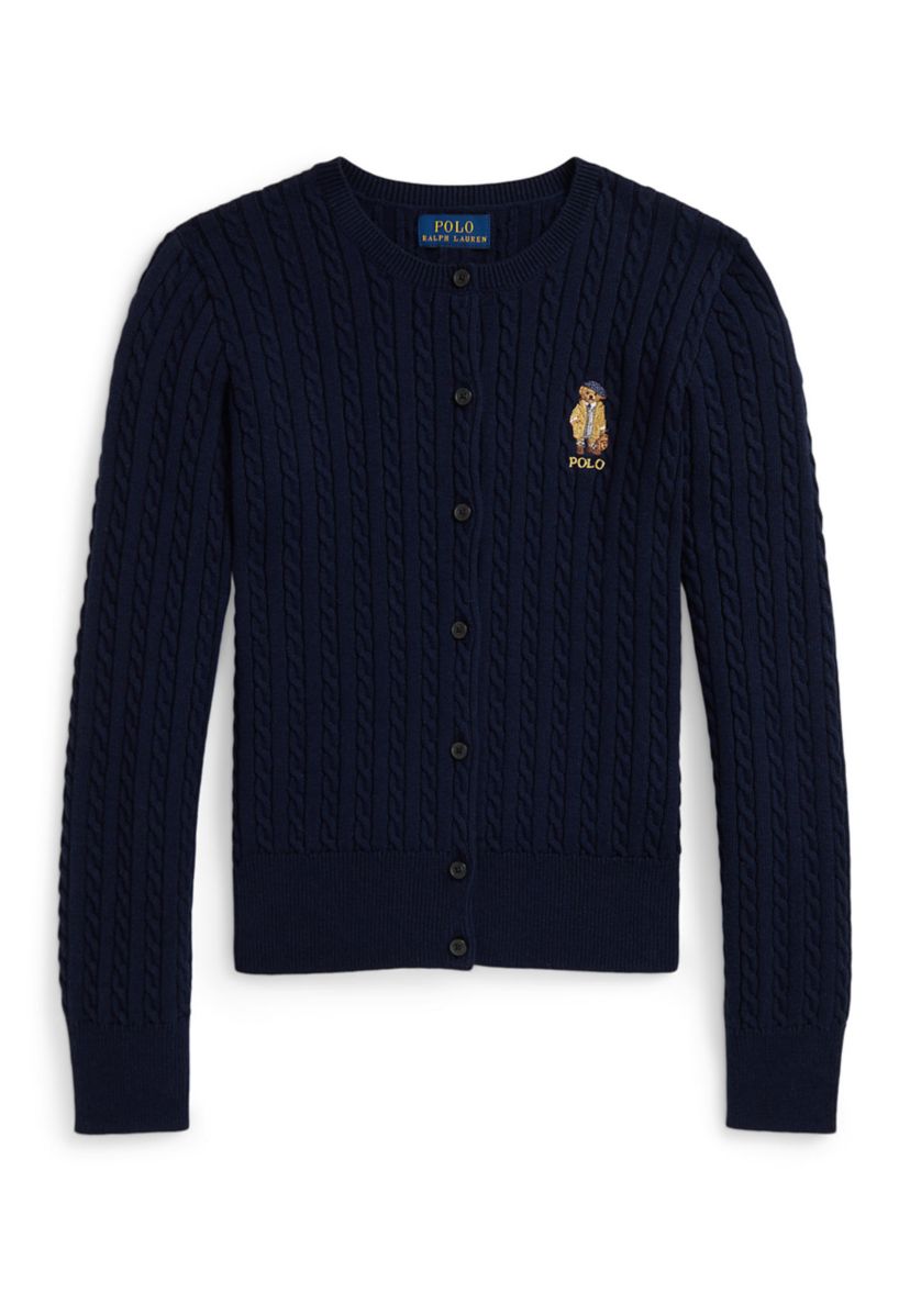 Girls 7-16 Polo Bear Mini-Cable Cotton Cardigan