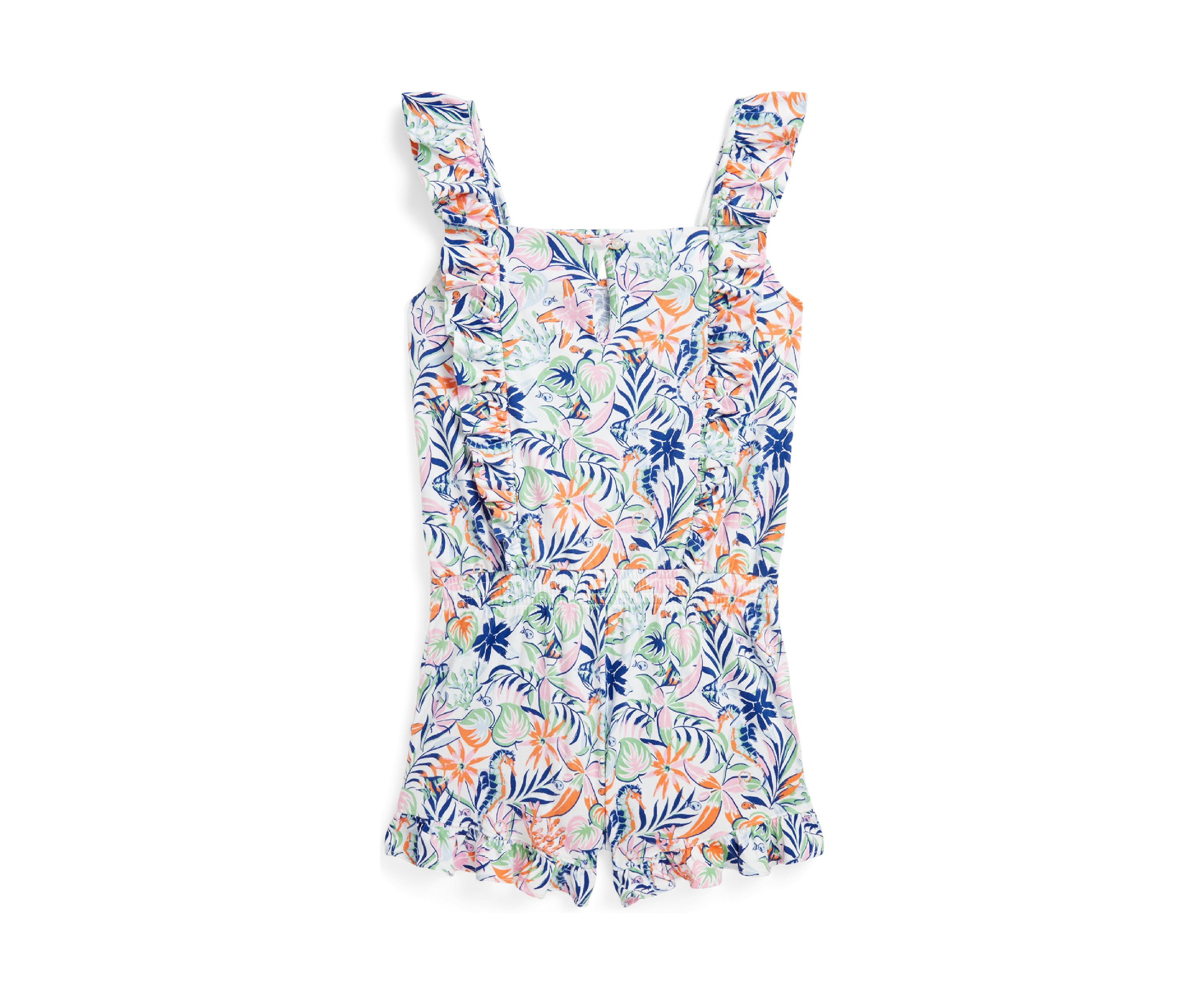 Girls 7-16 Tropical Print Ruffled Cotton Romper