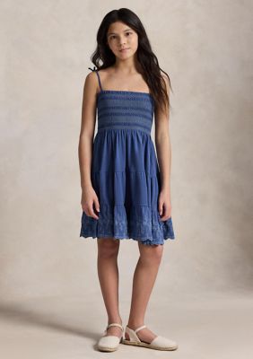 Ralph Lauren Childrenswear Girls 7-16 Smocked Eyelet Cotton Jersey Dress, Blue, Medium