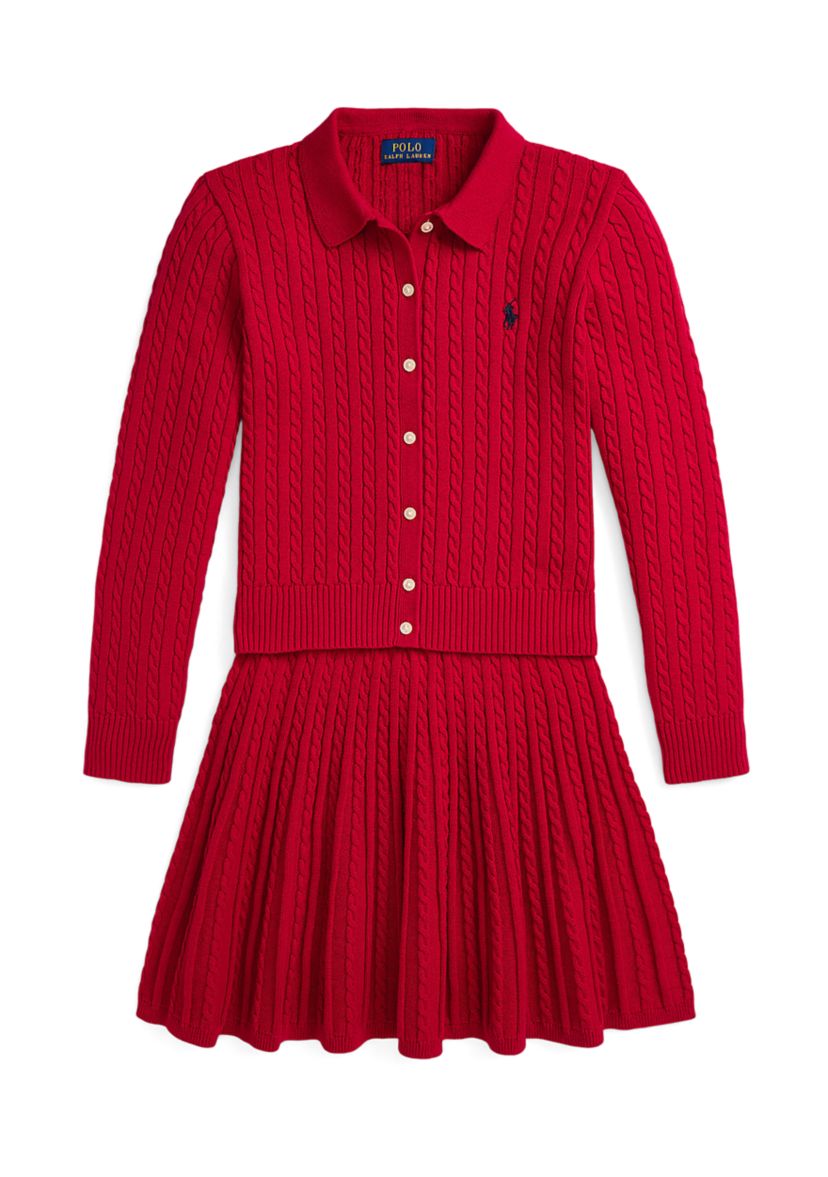 Girls 7-16 Cotton Polo Cardigan & Skirt Set