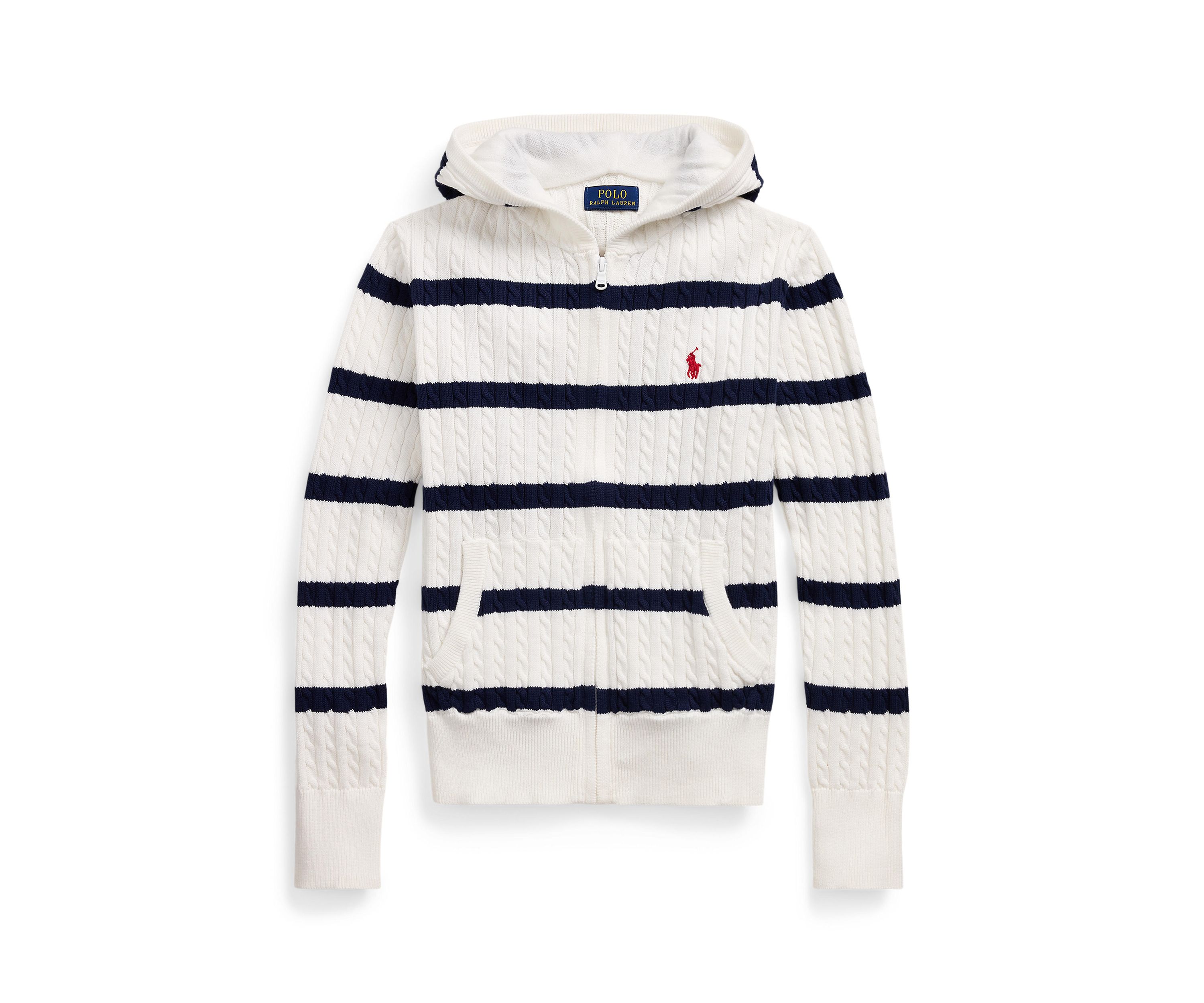 Girls 7-16 Striped Cotton Hooded Full Zip Sweater