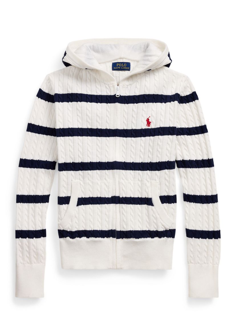 Girls 7-16 Striped Cotton Hooded Full Zip Sweater
