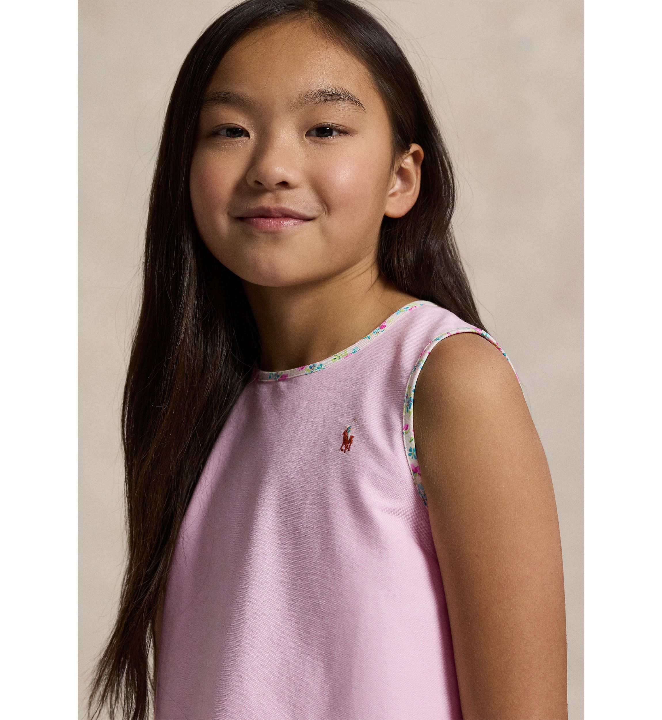Girls 7-16 Floral Trim Cotton Oxford Dress