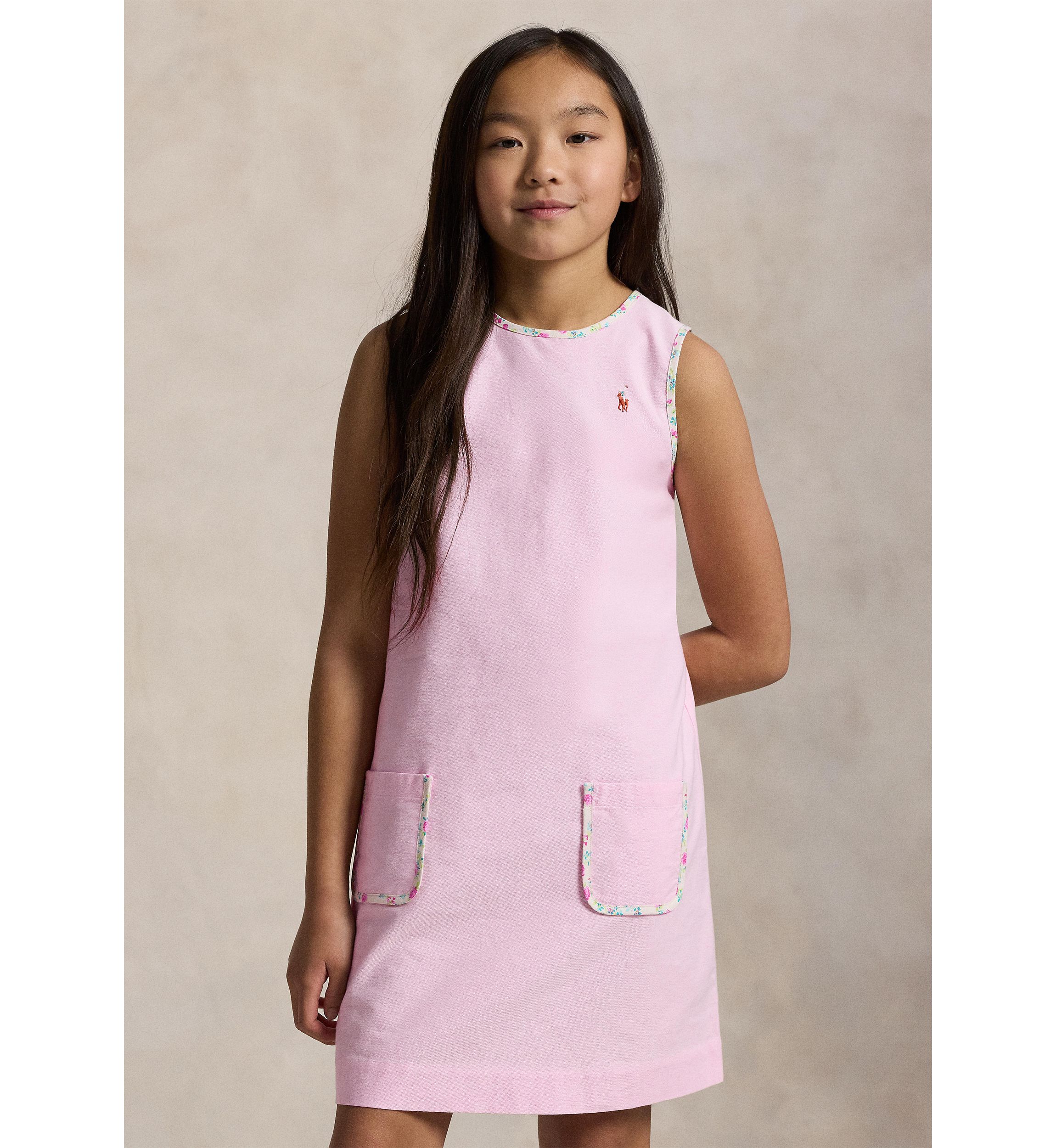 Girls 7-16 Floral Trim Cotton Oxford Dress