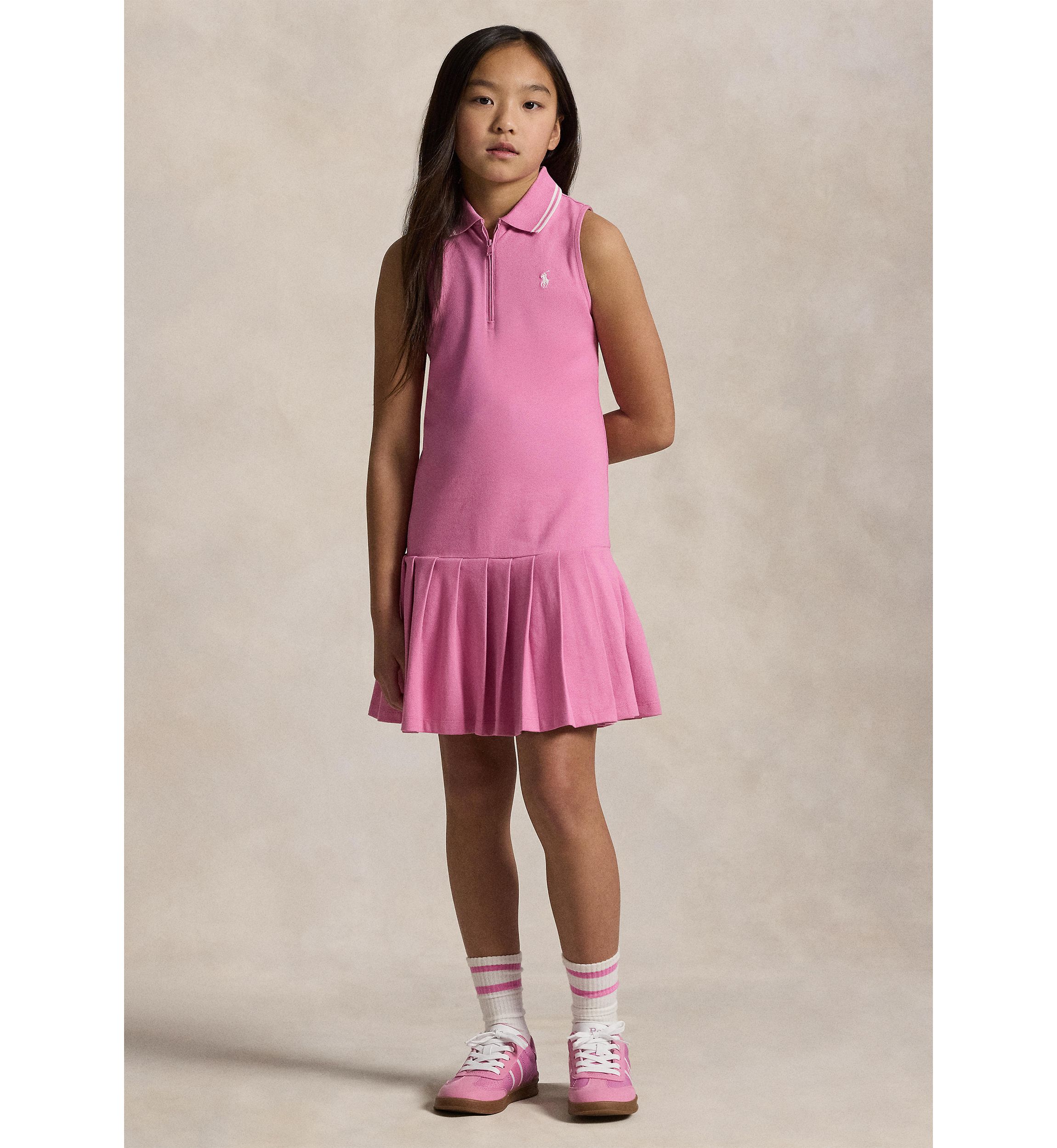 Girls 7-16 Pleated Stretch Mesh Polo Dress