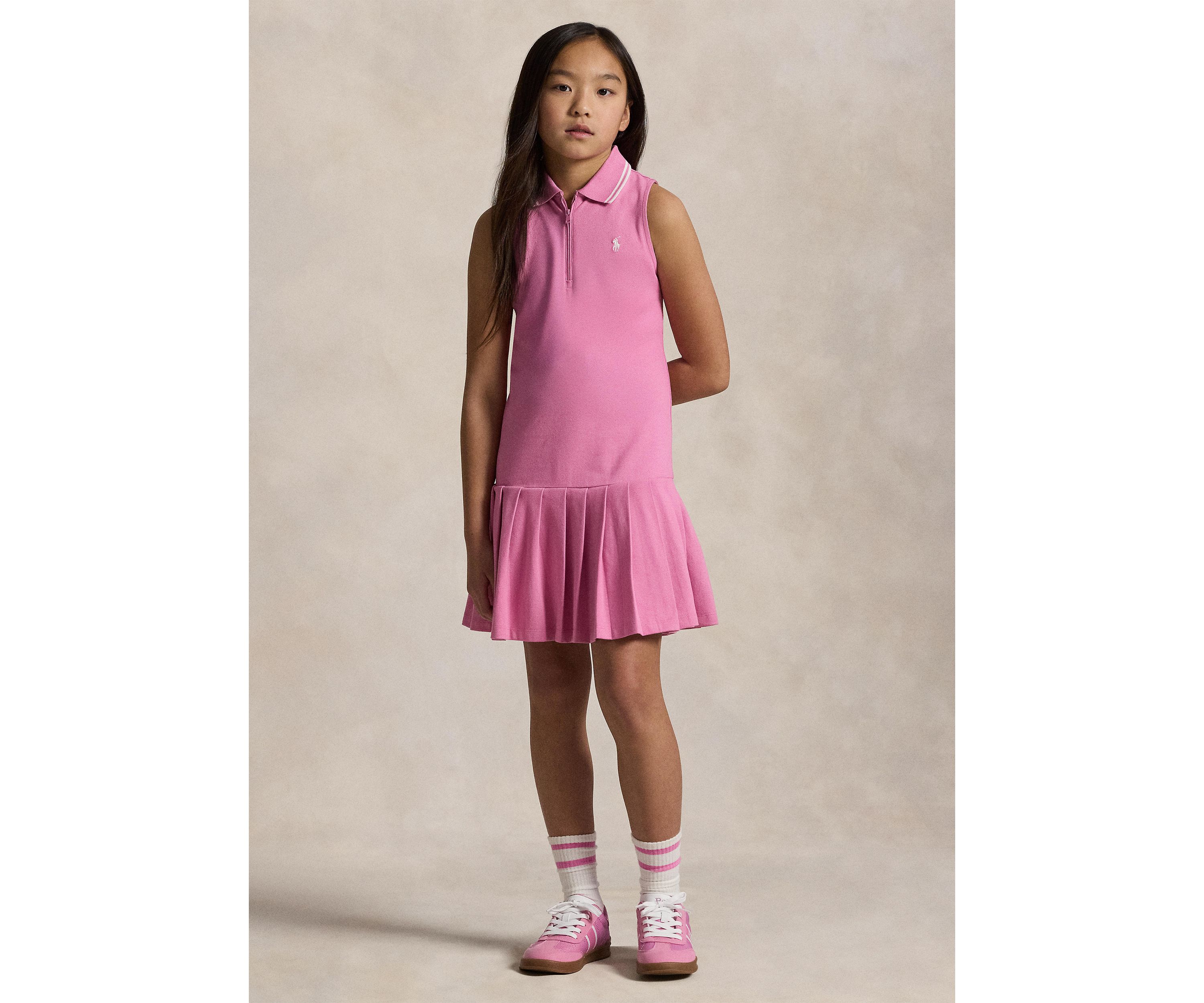 Girls 7-16 Pleated Stretch Mesh Polo Dress