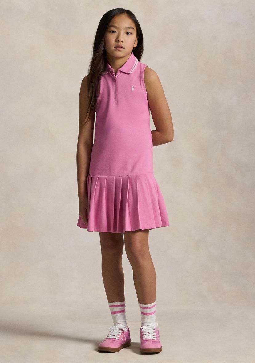 Girls 7-16 Pleated Stretch Mesh Polo Dress