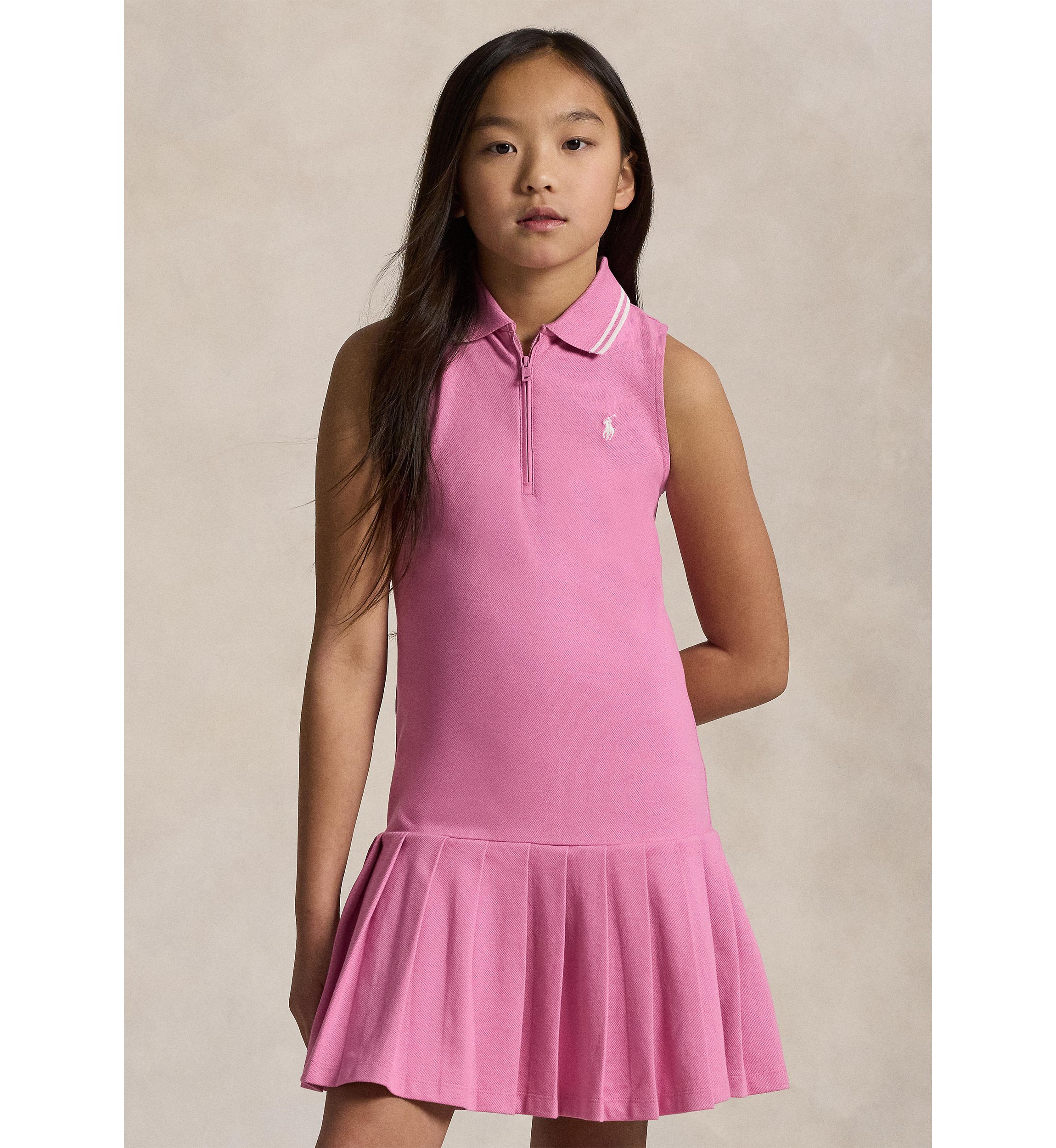Girls 7-16 Pleated Stretch Mesh Polo Dress
