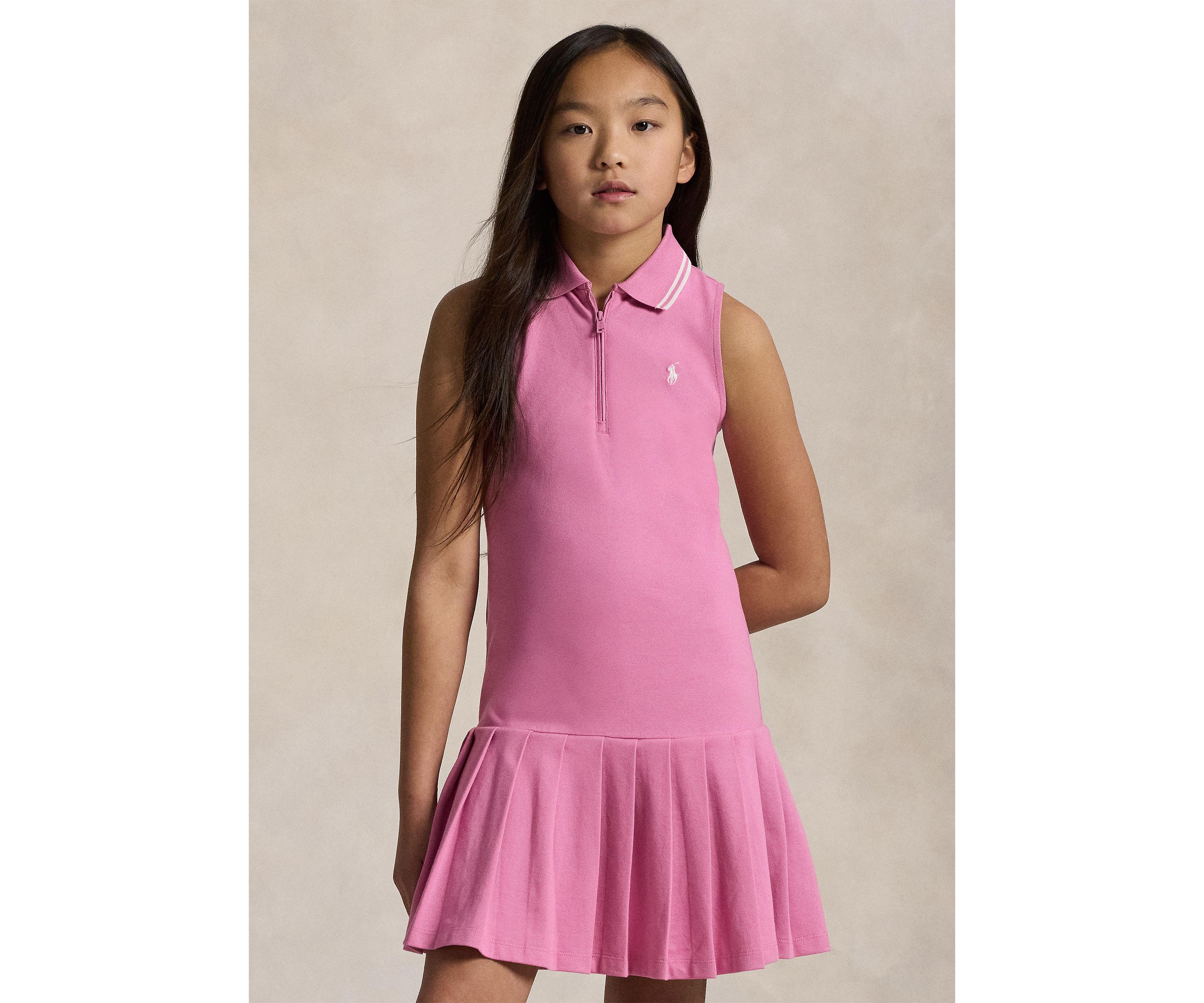 Girls 7-16 Pleated Stretch Mesh Polo Dress