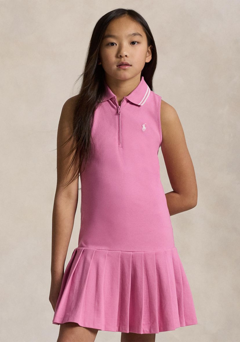 Girls 7-16 Pleated Stretch Mesh Polo Dress