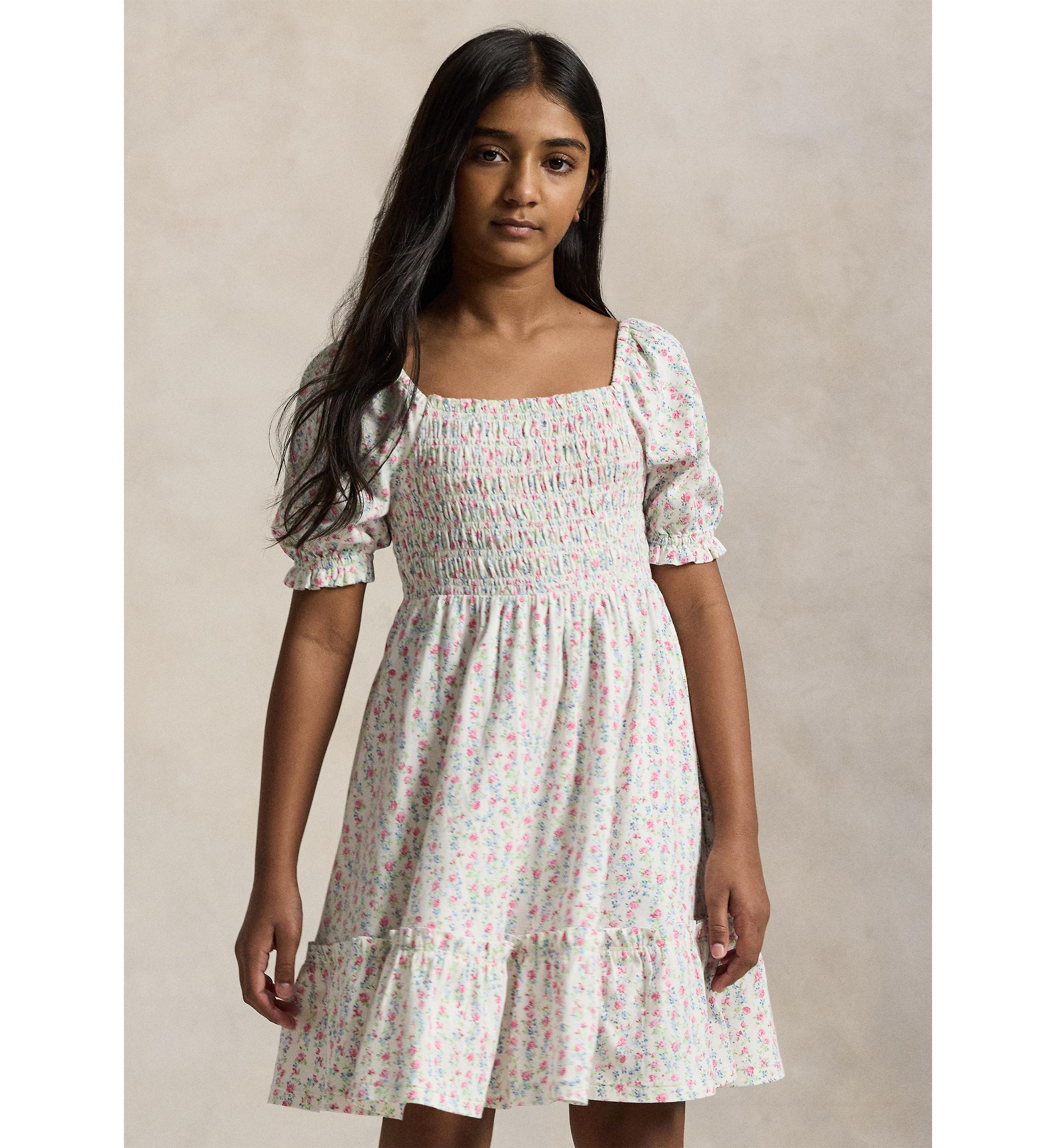 Girls 7-16 Floral Smocked Cotton Jersey Dress