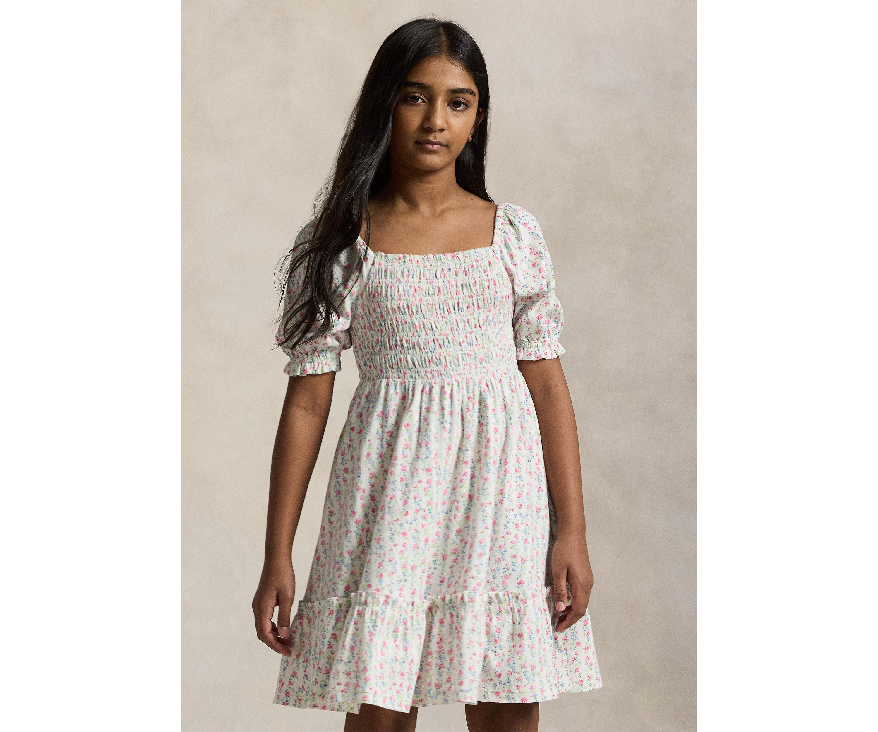 Girls 7-16 Floral Smocked Cotton Jersey Dress