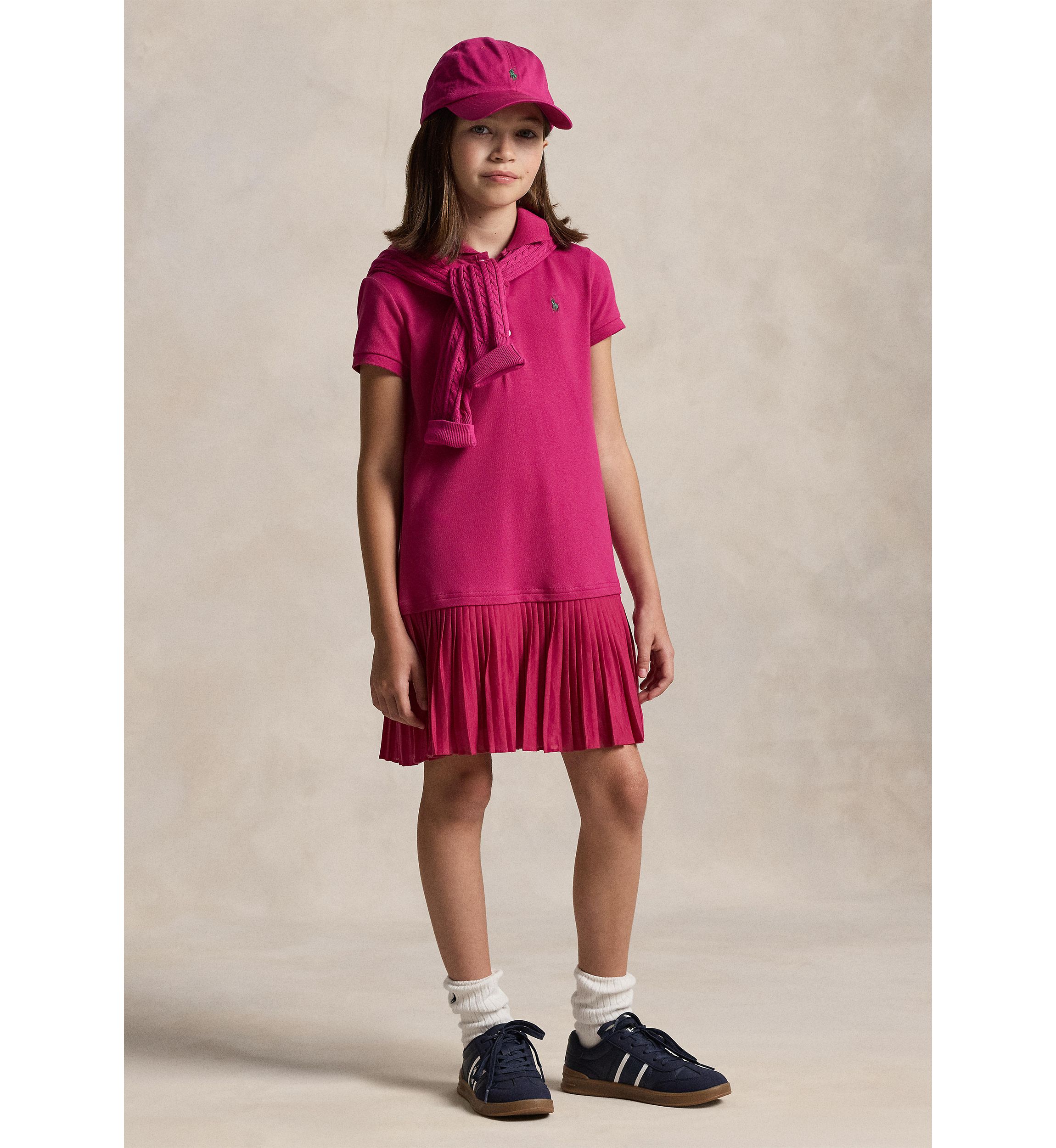 Girls 7-16 Pleated Stretch Mesh Polo Dress