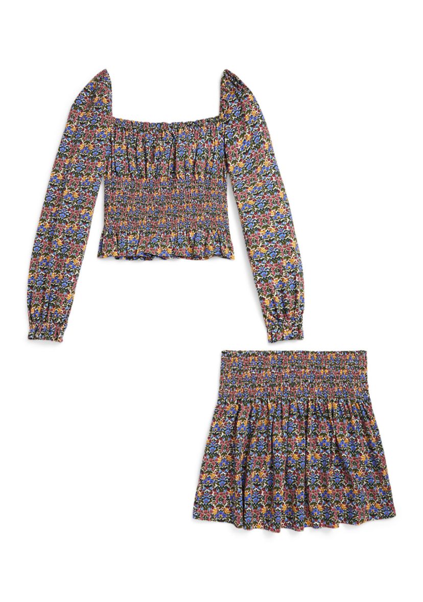 Girls 7-16 Floral Smocked Cotton Jersey Top & Skirt