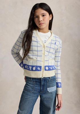 Ralph Lauren Childrenswear Girls 7-16 Windowpane Cotton V-Neck Cardigan, Medium