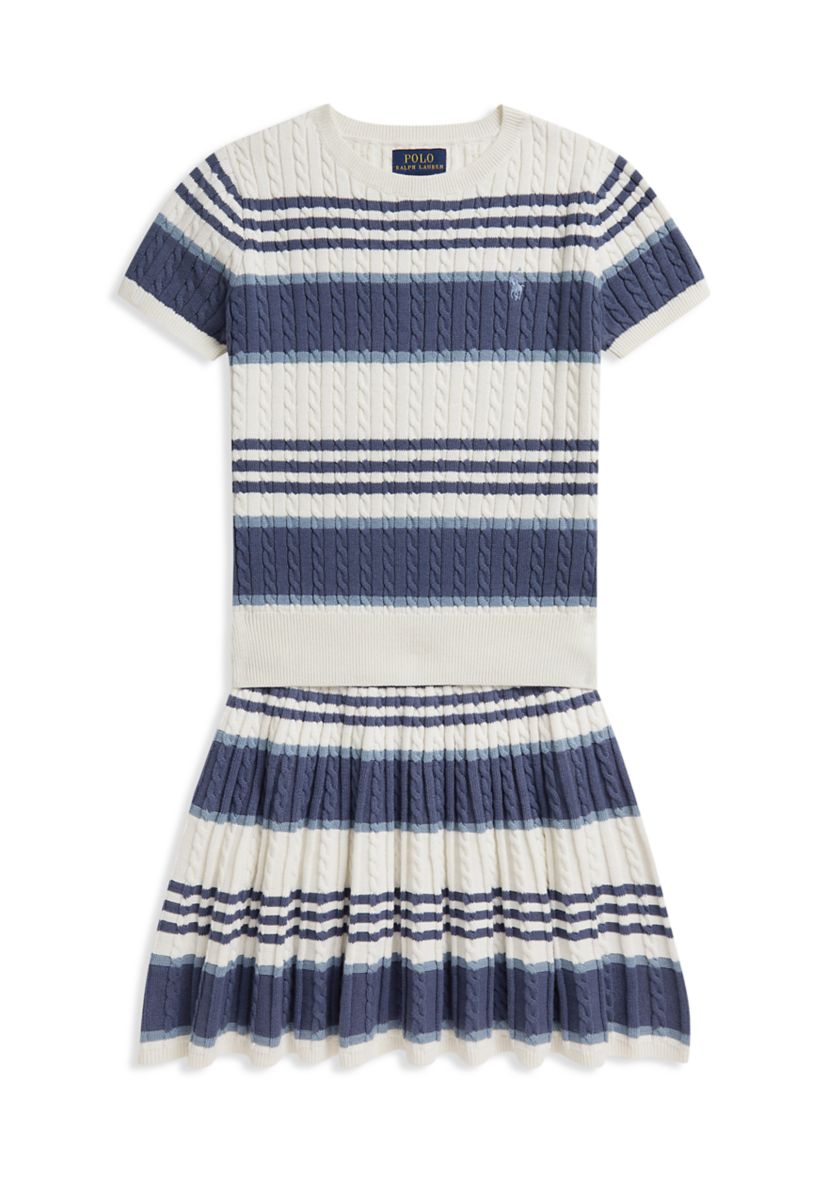 Girls 7-16 Striped Cable Cotton Sweater & Skirt