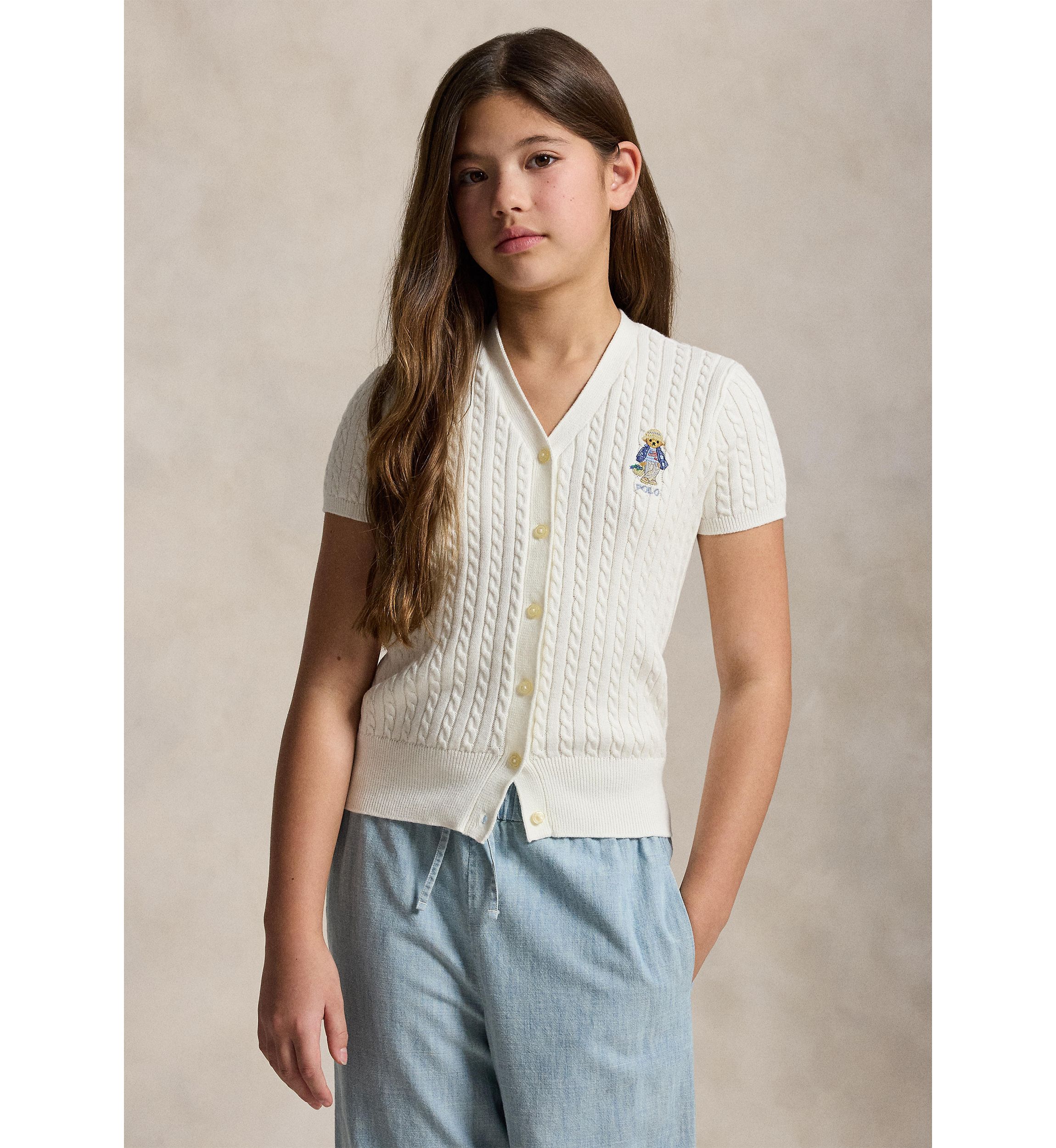Ralph Lauren Childrenswear Girls 7-16 Polo Bear Cable Cotton V