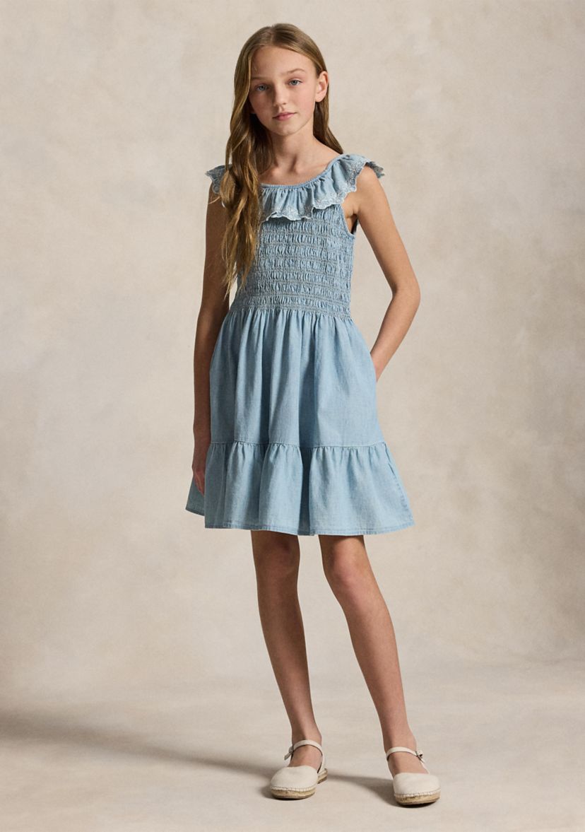  Girls 7-16 Blueberry-Overlay Indigo Chambray Dress 