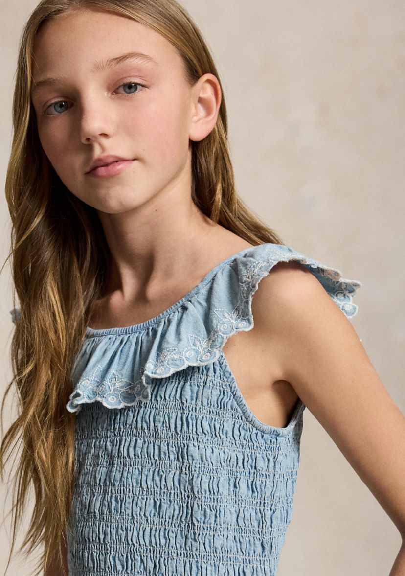  Girls 7-16 Blueberry-Overlay Indigo Chambray Dress 