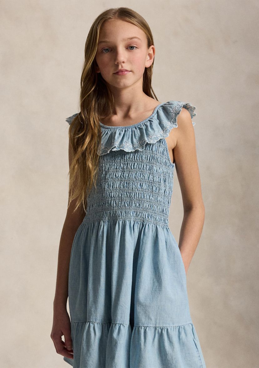  Girls 7-16 Blueberry-Overlay Indigo Chambray Dress 