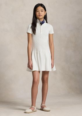 Ralph Lauren Childrenswear Girls 7-16 Smocked Stretch Mesh Polo Dress, White, Medium