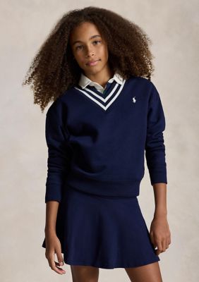 Ralph Lauren Childrenswear Girls 7-16 Striped Fleece V-Neck Sweatshirt, Navy Blue, Small