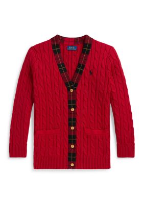Ralph Lauren Childrenswear Girls 7-16 Plaid-Trim Cable-Knit Cotton Cardigan, Red, XL