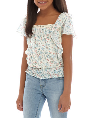 Amy Byer Girls Big Print Ditsy Floral Tank with Front Ruffle