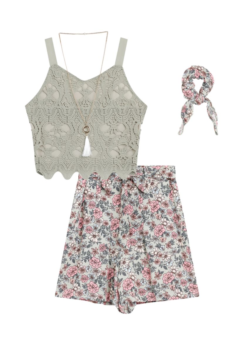 Girls 7-16 Lace Top and Printed Shorts Set
