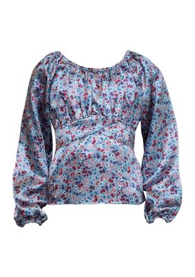 Beautees Girls 7-16 Satin Printed Top, Blue, Large