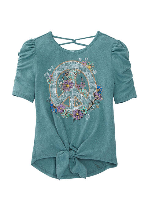 Girls 7-16 Short Ruched Sleeve Tie Front Peace Top