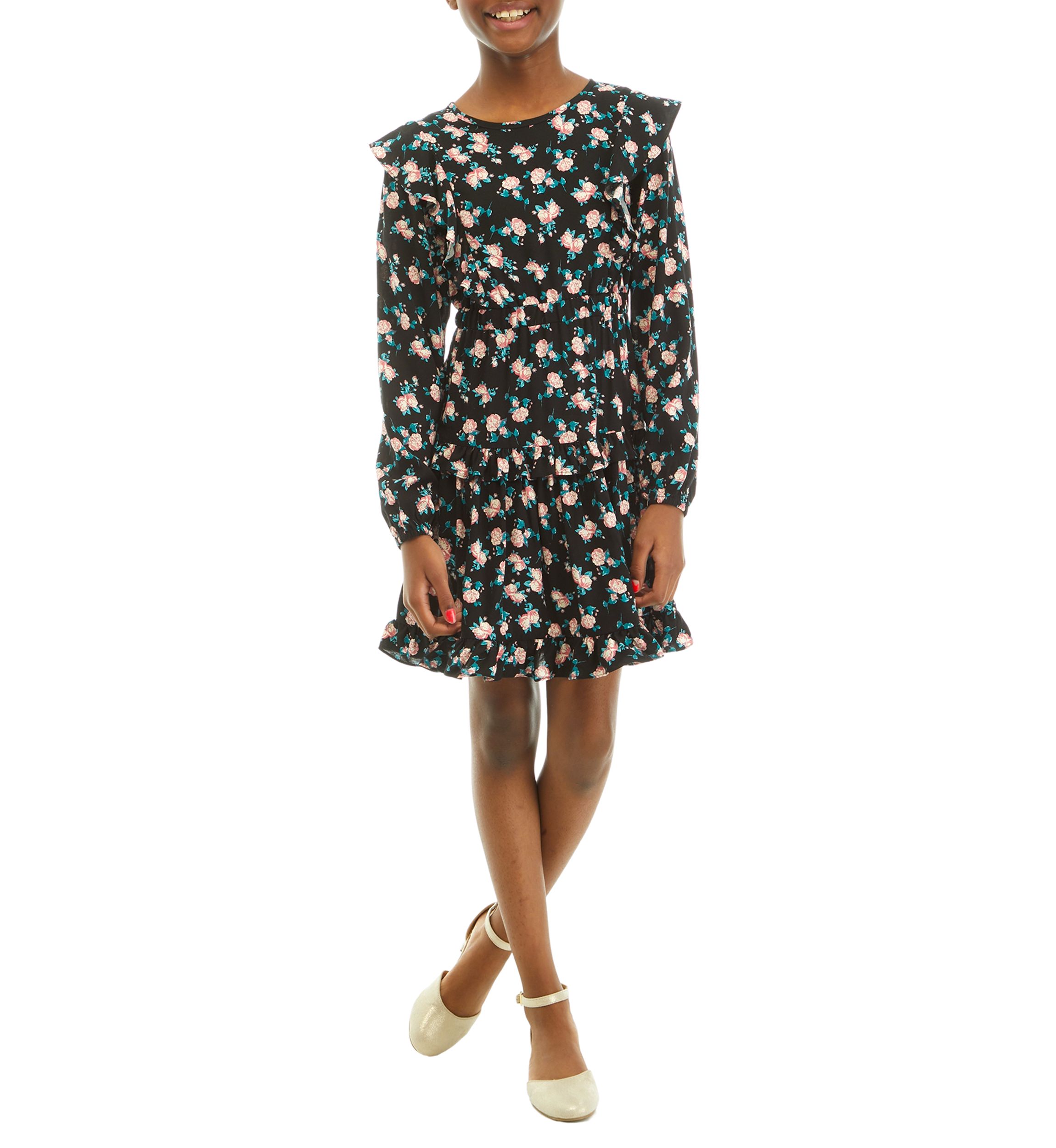 Girls 7-16 Ruffle Shoulder Tiered Floral Printed Dress
