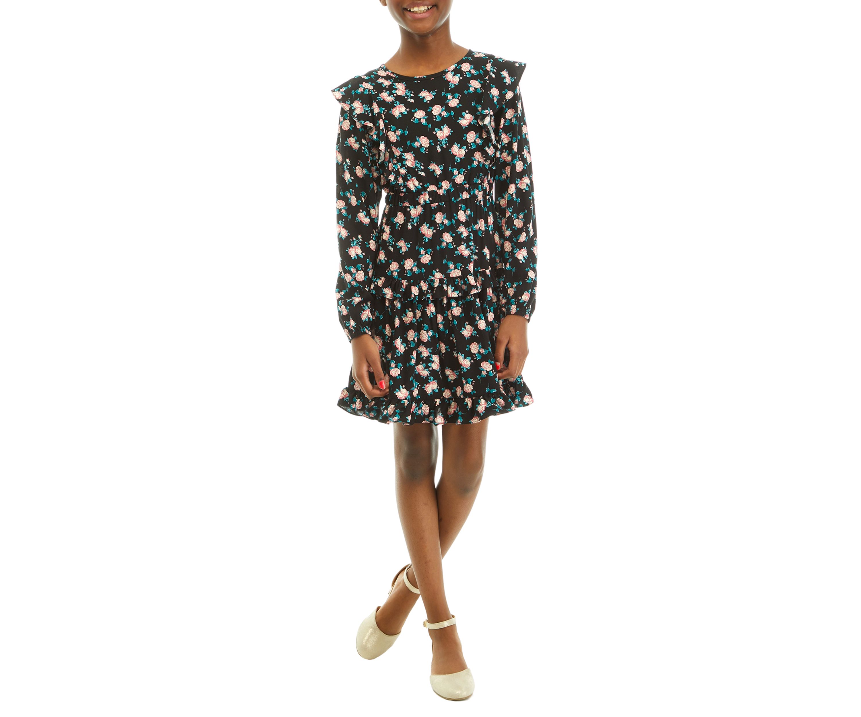 Girls 7-16 Ruffle Shoulder Tiered Floral Printed Dress