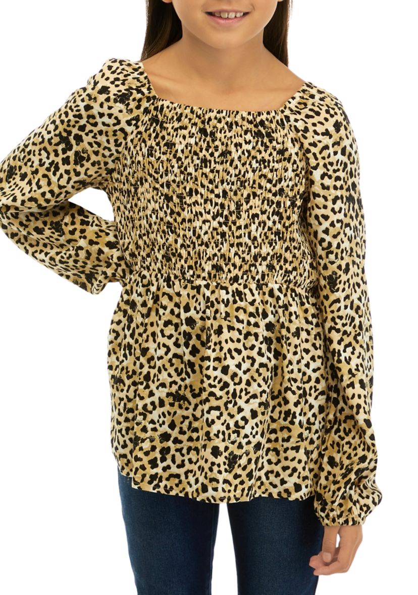 Girls 7-16 Woven Smocked Printed Top