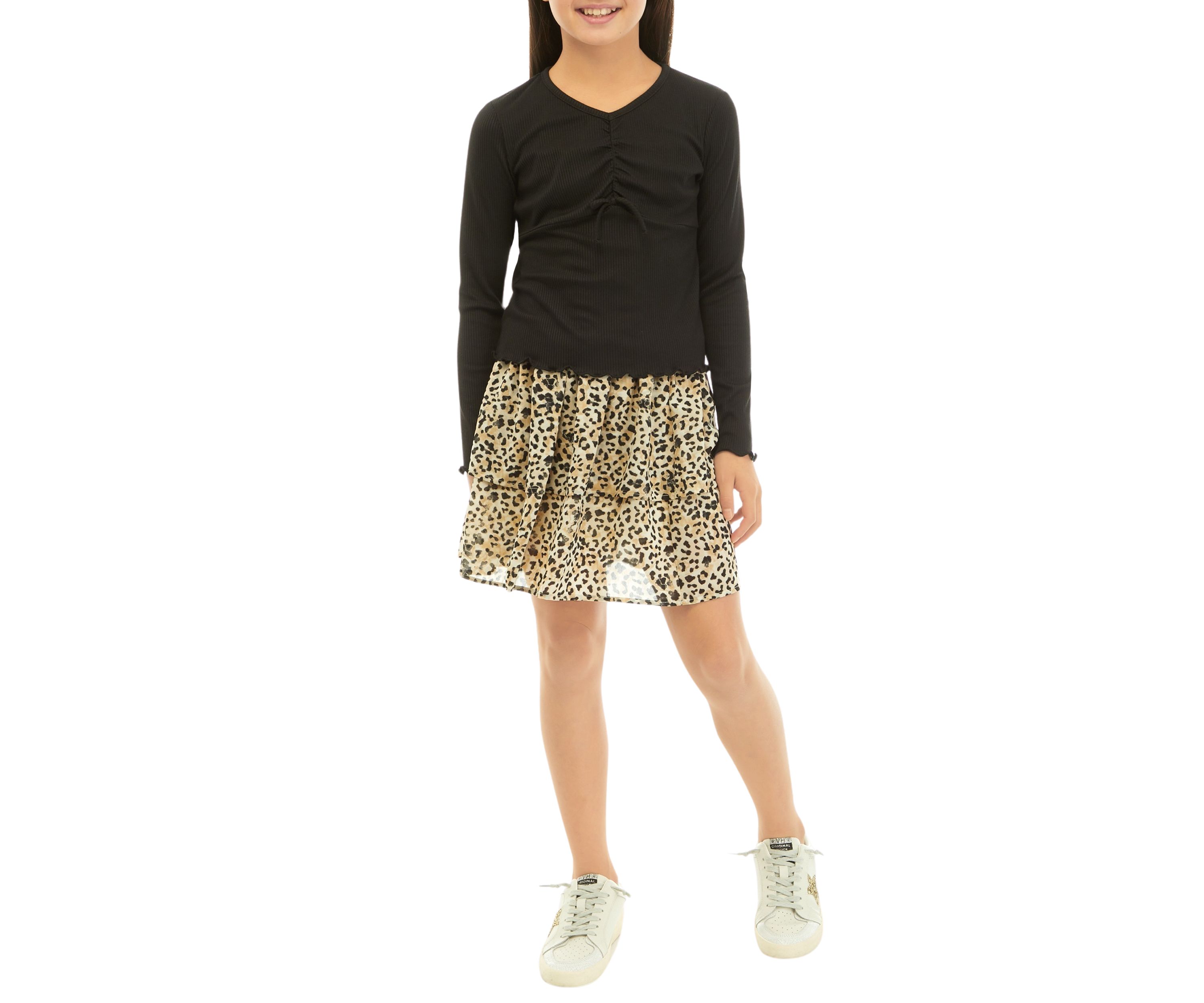 Girls 7-16 Long Sleeve Knit Top and Tiered Skirt Set