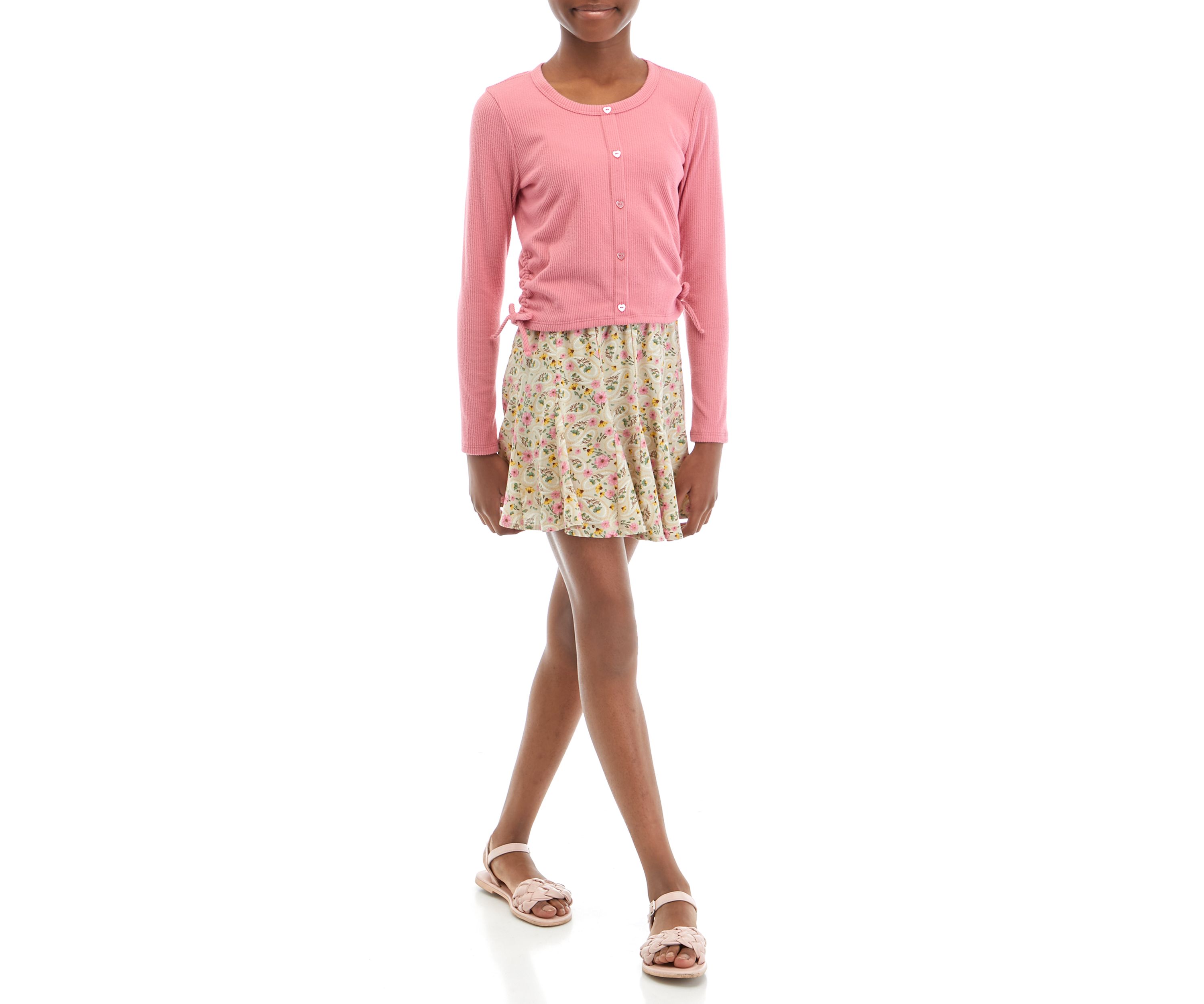 Girls 7-16 Side Tie Top and Printed Skirt Set