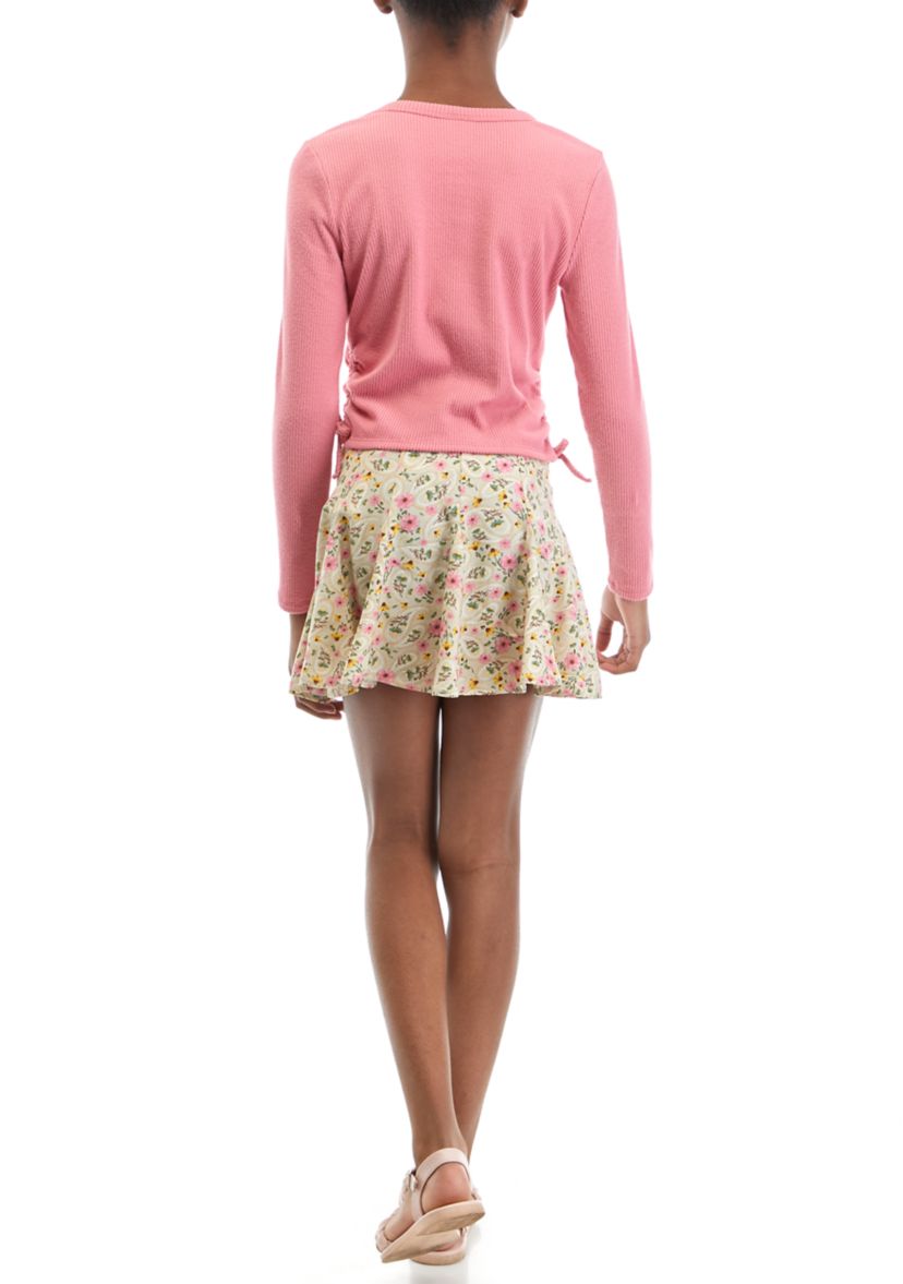 Girls 7-16 Side Tie Top and Printed Skirt Set